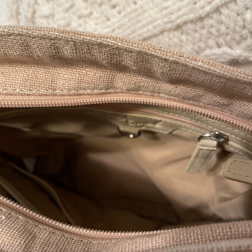 Shoulder Bag Beige&White Canvas trimmed in pearl-beads, silver reflecting trim - Picture 7 of 8
